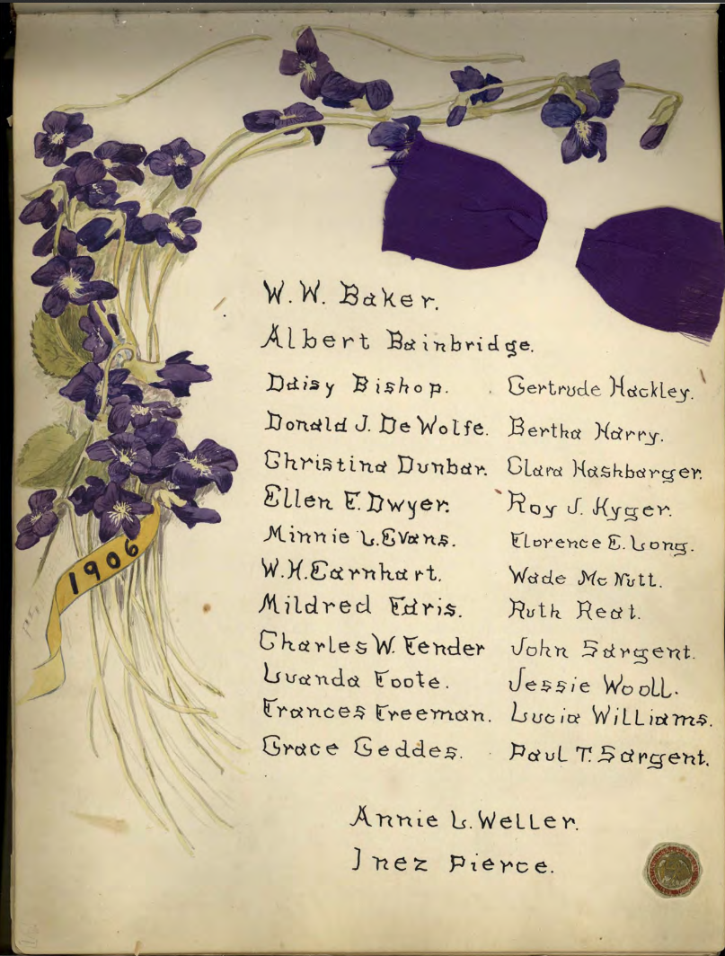 class of 1906 roster with watercolor