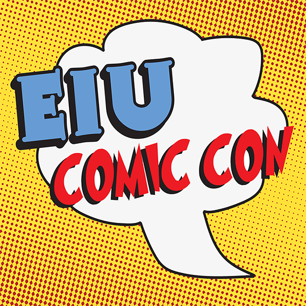 EIU Comic Con logo, white bubble on a yellow background